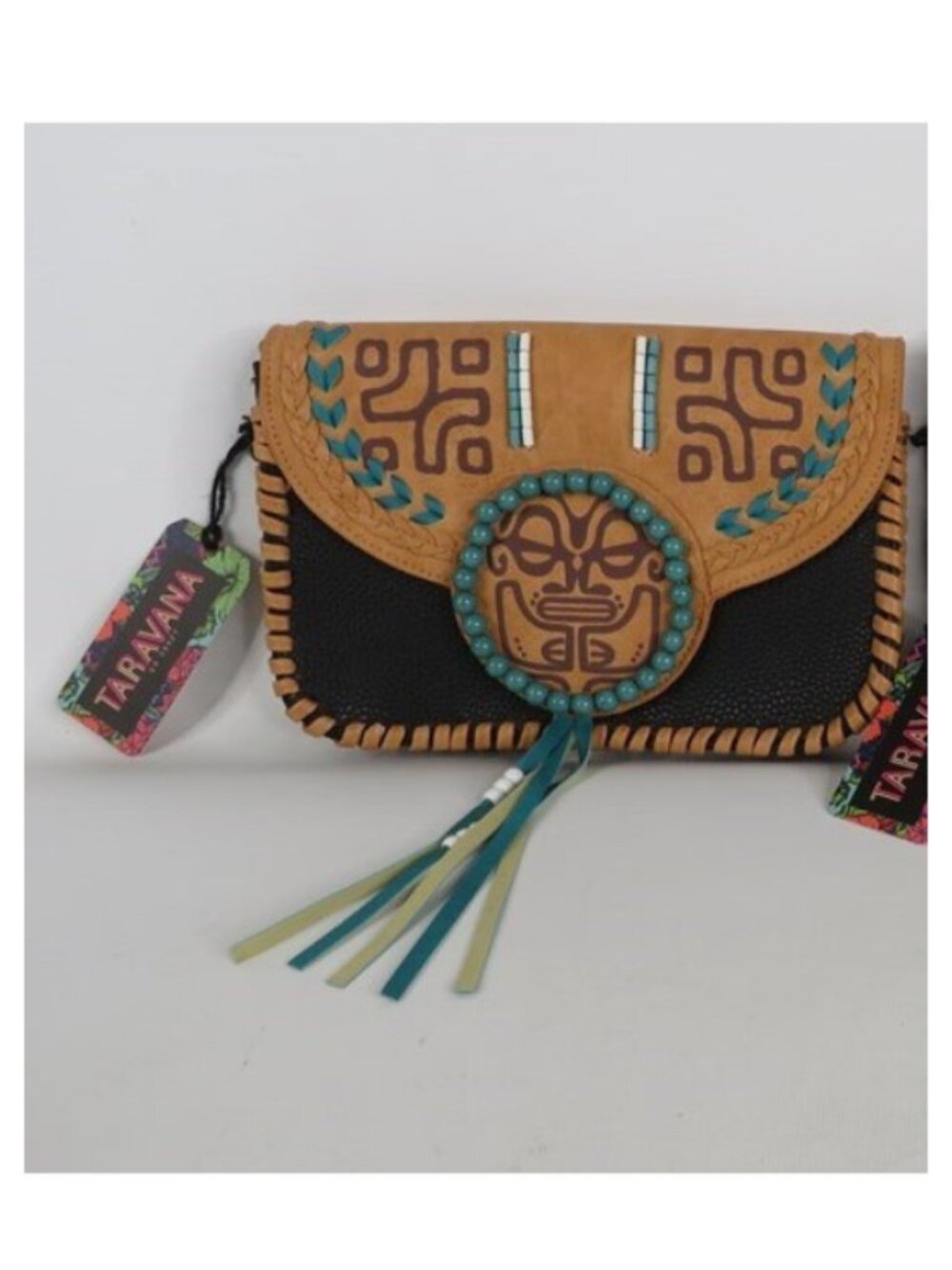 Taravana NWT Women's Black/Tan ADYOLE Tahitian Style Wristlet Handbag, 10"Wx7"H